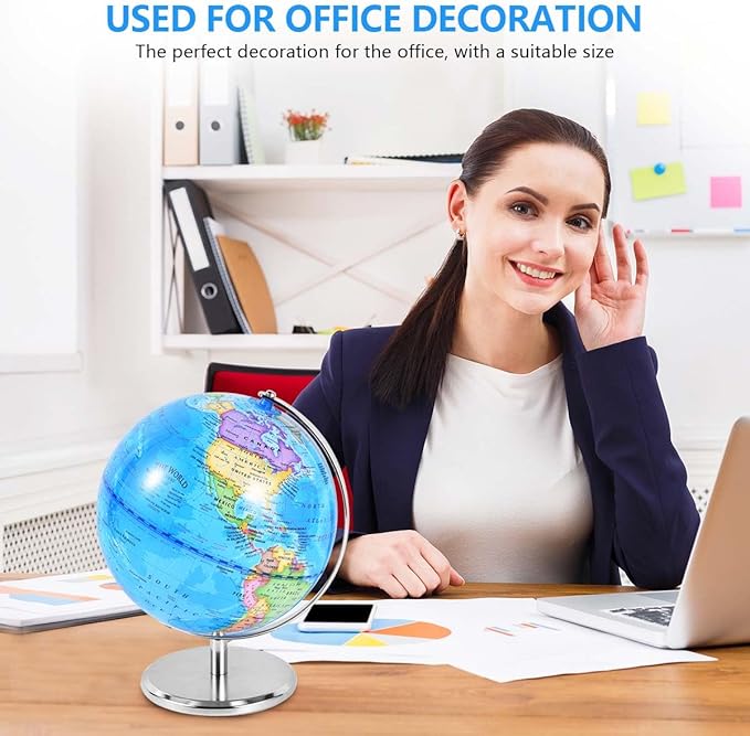 8 Inch World Globe Rotating Earth Spinning Globe with Heavy Metal Stand for Kids Geography Classroom Education or Office Home Decorations