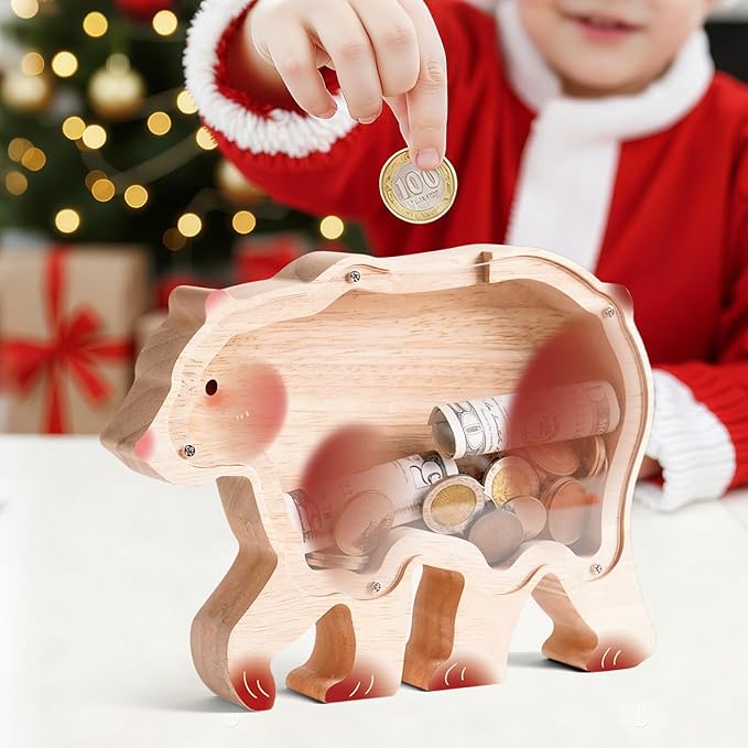 Wooden Bear Piggy Banks for Kids, Cute Unbreakable Money Coin Bank Jar, Safe Money Box, Transparent Saving Jar, Birthday Anniversary Baptism Gifts for Boys Girls Toddler Bear Lovers
