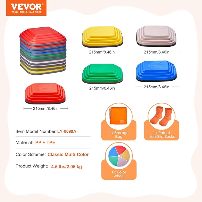 VEVOR Balance Stepping Stones for Kids, 10 PCS, Up to 220 lbs, Non-Slip Toddlers Sensory Stepping Stones, Obstacle Course Coordination Game Toys Indoor or Outdoor Play for Children Aged 3 4 5 6 7 8+