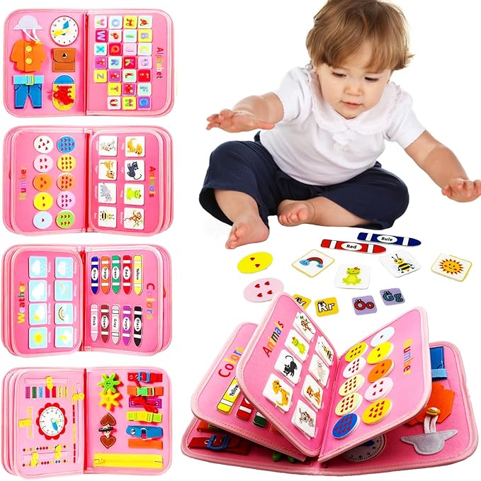 Montessori Busy Board - Busy Book for Toddler 3 4 Educational Toys for Boys Girls, Sensory Activity Board, Fine Motor Skills Learning Gift (Pink)
