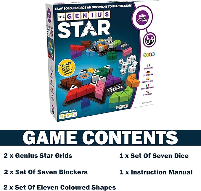 The Happy Puzzle Company The Genius Star | Toy of The Year Award Winning Family Board Game | 165,888 Possible Puzzles | Filling in Colored Shapes | Blockers to Complete A Star | Golden Star Twist