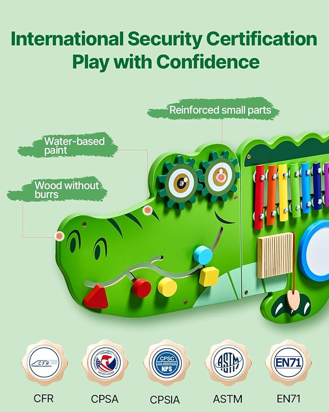 VEVOR Crocodile Activity Busy Board Panel, 9 Wall Activities Board, Montessori Sensory Wall Panel for Kids 3-12 Years, Sensory Wall Activity Panel, Ideal for Toddler Playroom Nursery Classroom