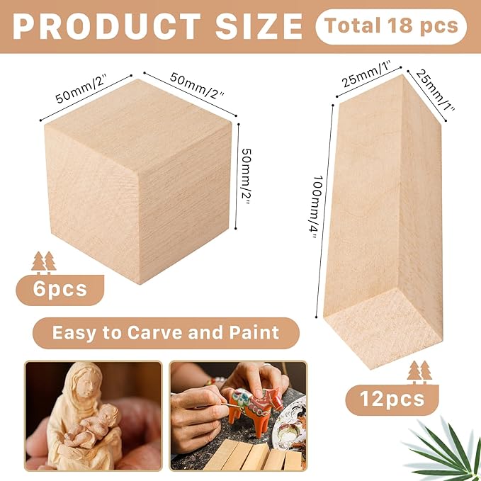 Basswood Carving Blocks, 18 Unfinished Wood Pieces, Whittling Blocks with 2 Sizes