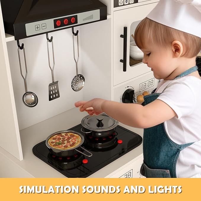JOYLDIAS Kids Play Kitchen Set, Wooden Free Combination & Movable Pretend Toddler Kitchen Toy w/Real Sound and Light, Running Water, Oven, Washing Machine and Cookware Accessories for Age 3+ Toddlers