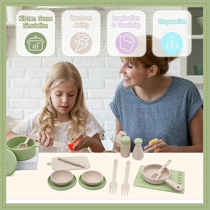 Play Kitchen Accessories, Silicone Pretend Play Kitchen Toys Set, Play Kitchen Pots and Pans Set for Kids, Learning Education Cooking Toys for Girls and Boys(Green)