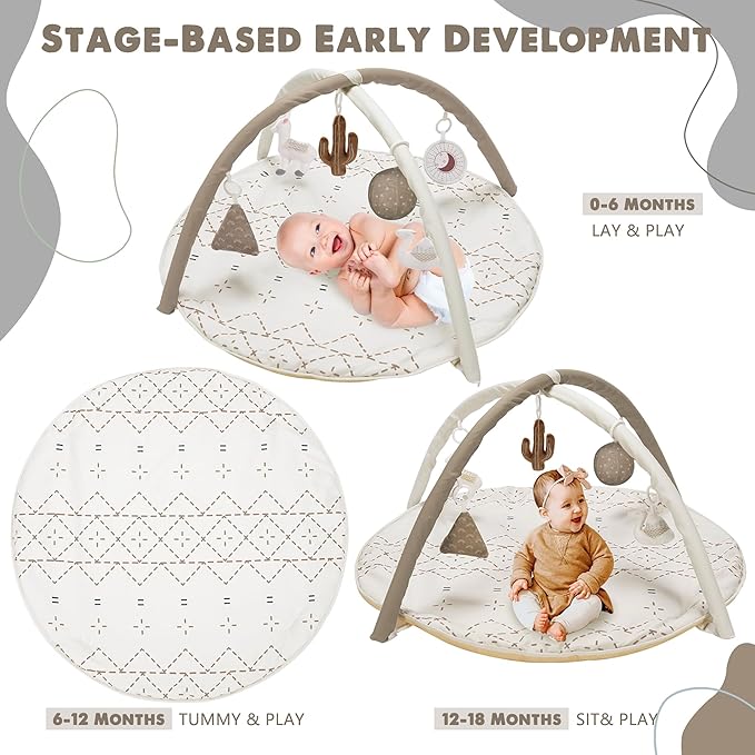 Little Dove Tummy Time Mat with 6 Toys, Macrame Baby Play Mat for Newborn, Baby Gym with 12 Milestone Cards, Stage-Based Sensory and Motor Skill Development Baby Play Gym, Non Slip Mat Washable, Khaki