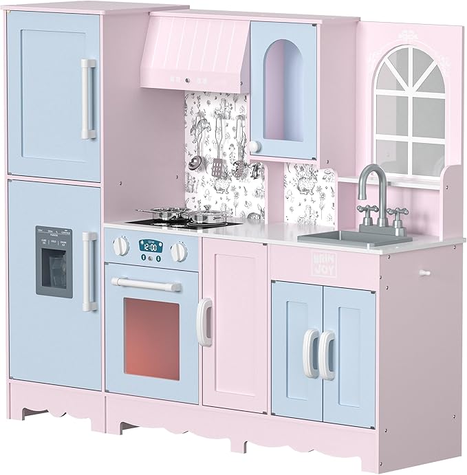 Play Kitchen for Kids, Wooden Kids Kitchen Playset w/Faucet, Sink, Stove, Oven, Window, Cookware, Storage Cabinets, Toddler Role Play Kitchen Pretend Play Toy Set Gift for Girls Boys Ages 3+