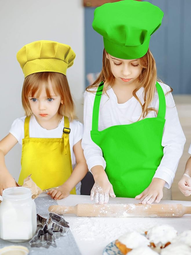 8 Set Kids Apron and Chef Hat Set Kids Apron with 2 Pockets Adjustable for Boys Girl's Cooking Baking Painting (Multi-Color,S for 2-6 Age)