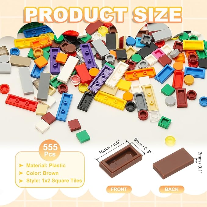 PATIKIL 555 Pcs Flat Blocks Bulk, 1x2 Square Brown Classic Tiles Smooth Surface Mini Building Blocks Accessories Compatible Bricks Kits for Building Floor Walls Mosaic Pixel Arts