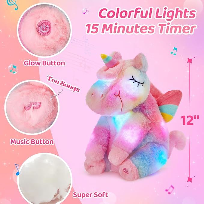 Athoinsu Rainbow Musical Light up Unicorn Stuffed Animal Soft Furry Plush Toy with LED Night Lights Children's Day Birthday Valentine's Day Gifts for Kids Toddler Girls,12''