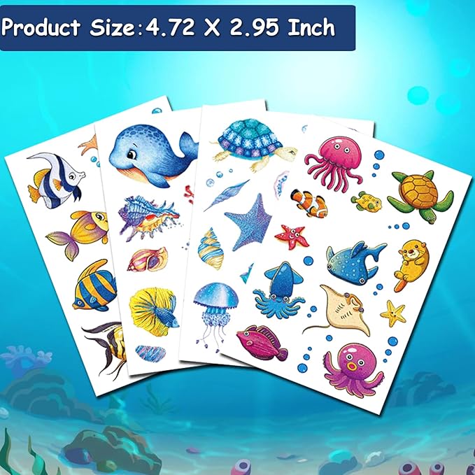 Glitter Ocean Sea Animals Temporary Tattoos for Kids - 120+ Cartoon Ocean Animal Fake Tattoos for Girls Boys Birthday Party Supplies Favors, Baby Shower