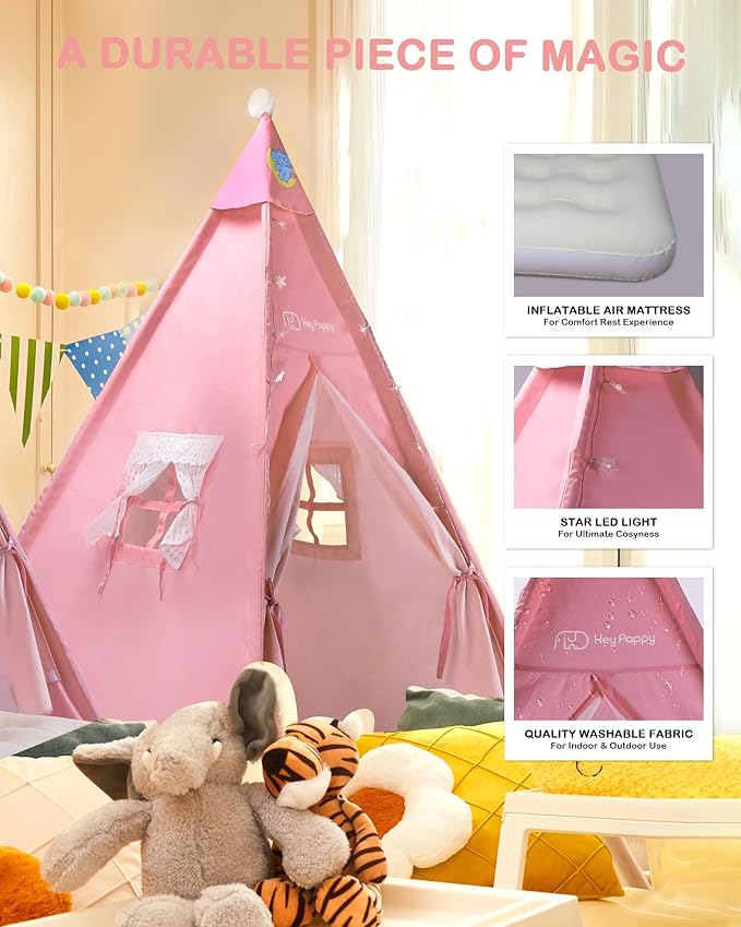 3 Pack Teepee Tent for Kids with Inflatable Airbed, Light, Toddler Tent Children Room Tents, Slumber Party Sleepover Tents, Indoor Outdoor Kids Playtent Playhouse for Girls & Boys