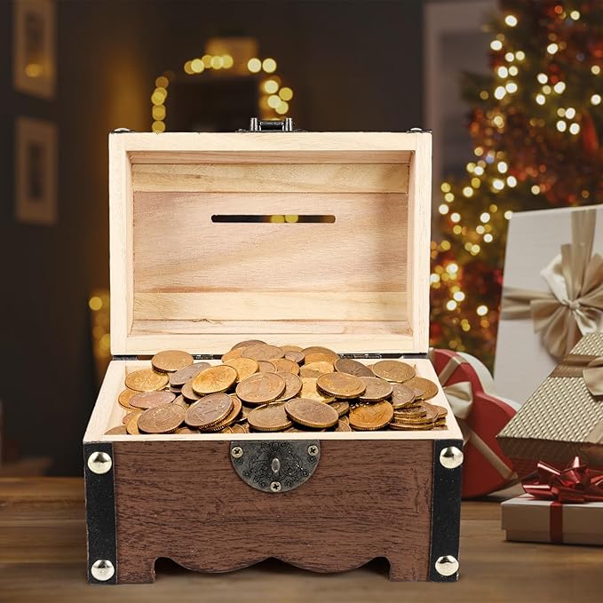 TOYANDONA Wooden Piggy Bank - Wood Treasure Chest with Lock and Key - Small Wooden Box Vintage Coin Bank Money Saving Box for Home Decor