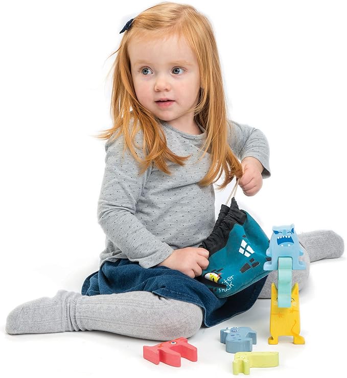 Tender Leaf Toys - Monster Stacker - Early Development Wooden Stacking Toy for Toddlers with Free Drawstring Bag - Convenience for Storage and Travel Play for Kids - Age 3+