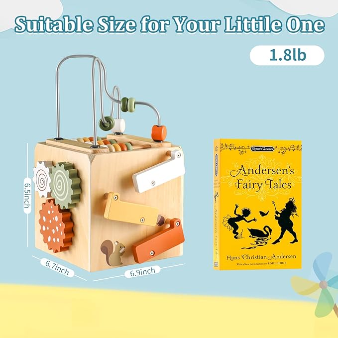 Wooden Activity Busy Cube Montessori Toys, 6-in-1 Activity Center Baby Bead Maze Toys, Sensory Shape Sorter Blocks, Toddler Boys Girls First Birthday Gift