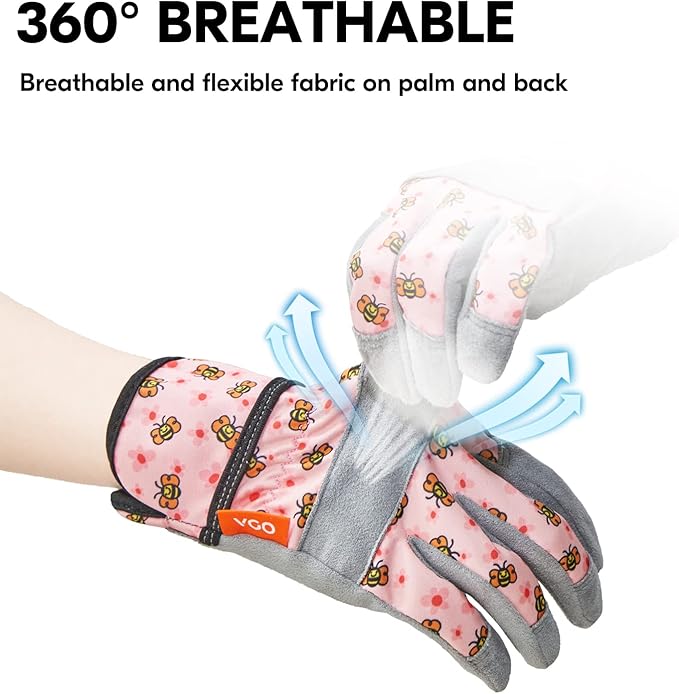 Vgo... 1-Pair Age 5-6 Kids Gardening Gloves,Children Yard Work Gloves,Soft Safety Outdoor Playing Gloves (Size M, Pink Bee, KID-MF3561)