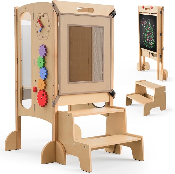 Toddler Tower Foldable Toddler Kitchen Stool Helper with 2 Step Stool, Safety Net, Adjustable Height, Chalk-Whiteboard& Montessori Activity