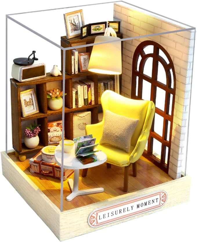 OZJAY DIY Miniature House Kit with Dust Proof Cover, 1:24 Scale Creative Room Mini DIY Wooden Dollhouse Miniature Kit for Adults Teen, Leisurely Moment
