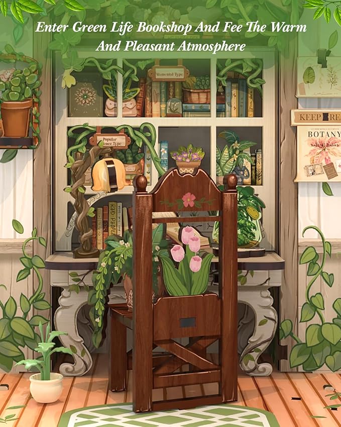 Cutefun Book Nook Kit - DIY Miniature Dollhouse Booknook Kit for Adults and Teens, Tiny House Bookshelf Insert Decor with LED Light, Gifts for Family and Friends (Green Life Bookshop)