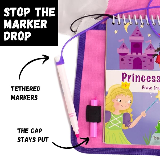 Totebook Kids Travel Educational Activity Book with Washable Markers - Car and Airplane Activities, Learning Toys for Toddlers- Reusable Stickers for Ages 4, 5, 6 (Princess & Extra Ocean Book)