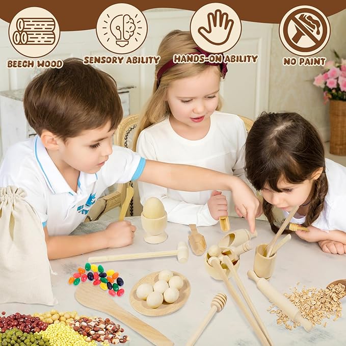 Hiawbon 25PCS Wooden Sensory Bin Tools, Wooden Tool Set, Sensory Bin Filler with Storage Bag, Bin Scoops Roller Tweezers Tongs Cups for Counting Sorting Hammering Pounding