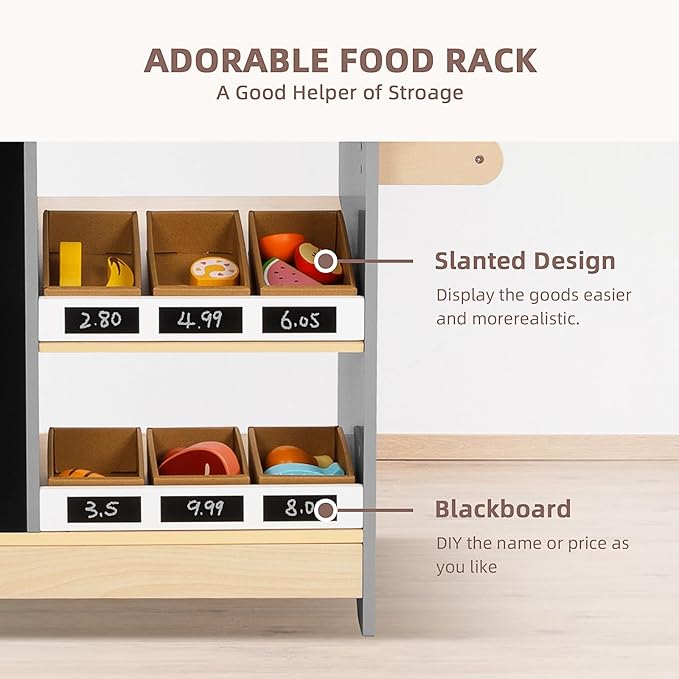OOOK All-in-One Grocery Store Pretend Play with Chalkboards, Reversible Kids Grocery Store Playset with Oven, Scale, Rolling Wheels, Cash Register and More, for Kids Aged 3+
