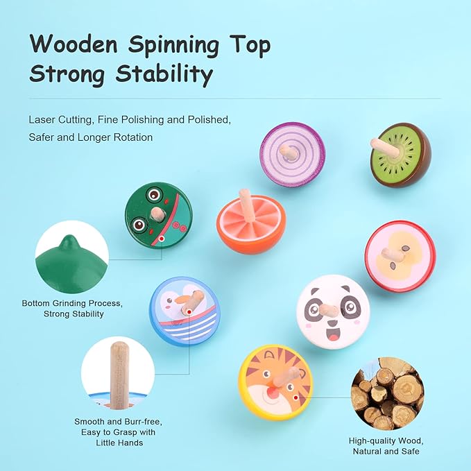 WODI Wooden Spinning Tops, 16 Pcs Wood Novelty Gyroscopes, Kids Handmade Painted Spinner, Kindergarten Toys, Vintage Craft Spin Top, Great Gift for Toddlers Girls Boys