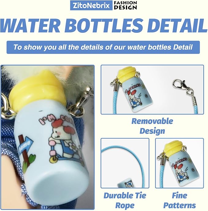 Cloth for Doll, 3-Piece Denim Overalls Set for 17cm &15cm(NO Doll) – Flower-Button Overalls + Carrot Hat + Pastel Blue Water Bottle-Handmade