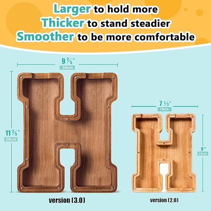 Summidate Customized Name Extra Large Wooden Piggy Bank for Kids Boys Girls Letter A-Z Coins Bills Money Change Bank Box Clear Cover (Laser Engraved) Educational Toys 12"- Letter H