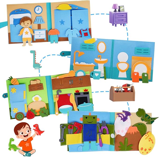 Montessori Felt Busy Book Toddlers Quiet Book Preschool House Pretend Play Early Learning Educational Travel Toys for Kids Age 2 3 4 5 6 Travel Essentials Daily House Learning Activitie Boys Gift