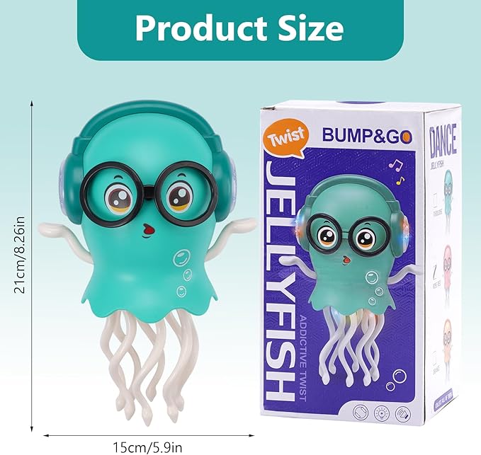 Magic Dancing Octopus Toy with Music and LED Lights, Rechargeable Electric Crawling Jellyfish for Kids Age 3+, Smart Obstacle Avoidance Musical Toy, Birthday Gift for Boys and Girls (Green)