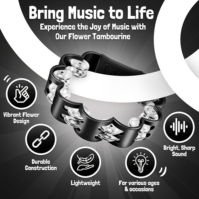 Flexzion Flower Tambourine - 8 Inch Handheld Percussion Instrument w/Metal Jingles & Ergonomic Grip - Small Tambourines for Adults, Kids, Church, Parties, & Musical Events (Black)