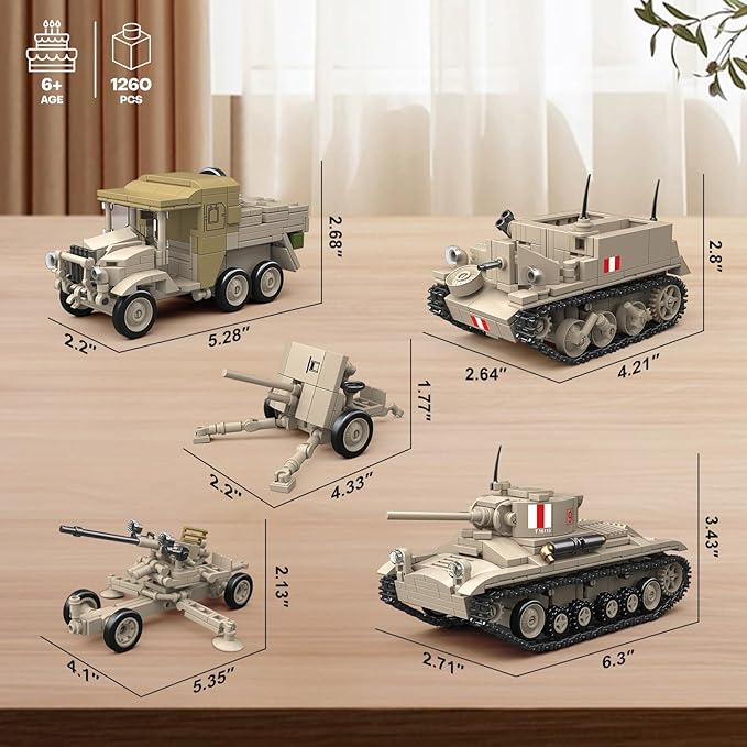 5 in 1WW2 Army Tank Toys Building Set Compatible with Lego British Military Vehicles(1260 Pcs),Create UK Ordnance QF 2-Pounder&Morris CDSW 6X4,Valentine.I Transport Vehicles Military Toy Gift for Boy