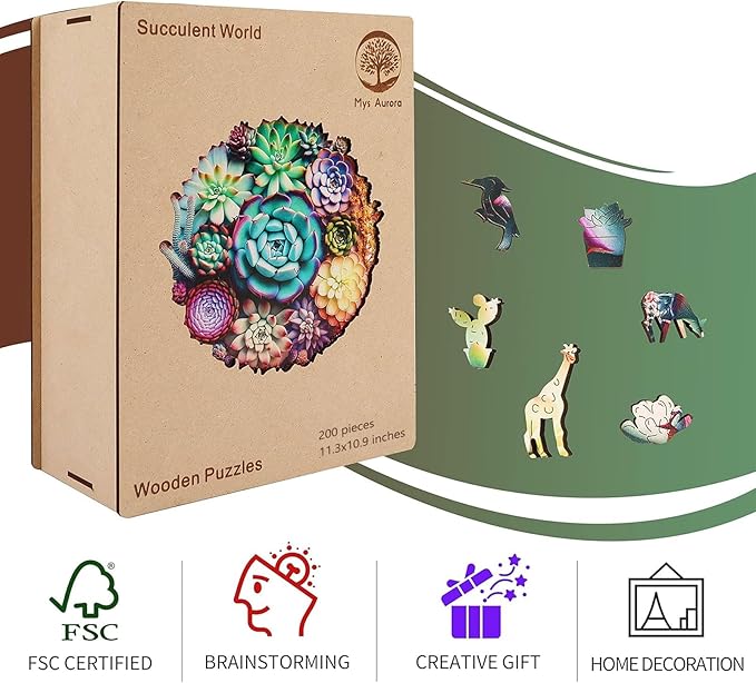 delobi Mandala Succulent Wooden Puzzles, 200 Pieces Jigsaw Puzzles 11.3'' x10.9'', Unique Design Liberty Wooden Puzzles for Adults and Kids, Family Game Gift Medium Size