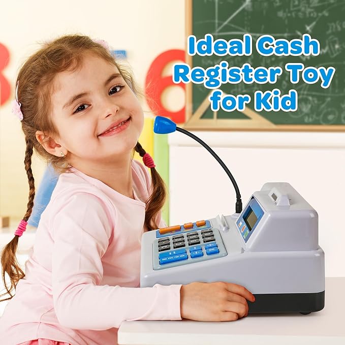Calculator Cash Register - 103 Pcs Toy Cash Register, Store Set with Microphone, Credit Card and Banking for Kids, Early Math Skills Toys Gifts for 3, 4, 5, 6 7 8+ Years Old Boy Girl