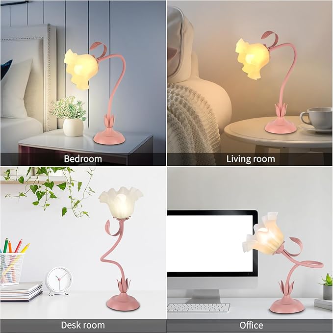 Cute Flower Desk Lamp, 3 Color Temperature Table Lamps with LED Bulb, Vintage Bedside Lamp, Reading Lamps with Soft Light for Bedroom, Living Room（Pink）