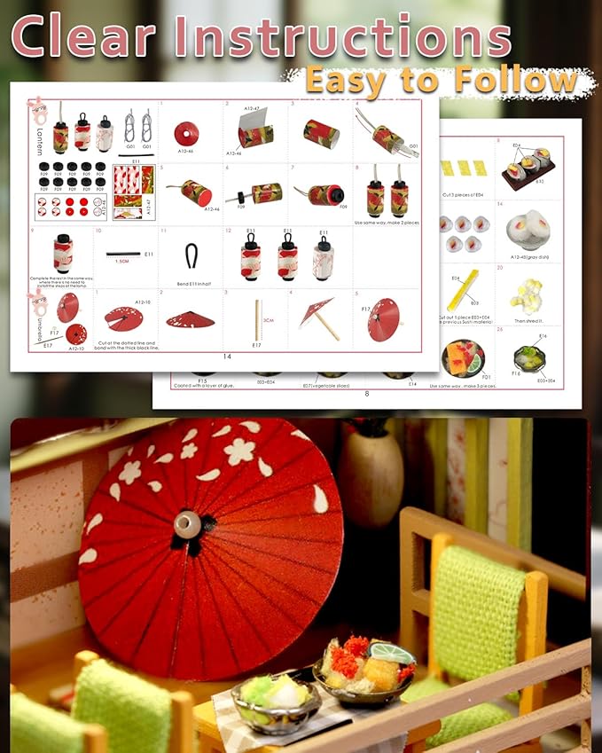Miniature House Kit – Gibbon Sushi, DIY Wooden Dollhouse for Adults with LED & Furniture, Tiny House Craft Gift for Teens Families Friends