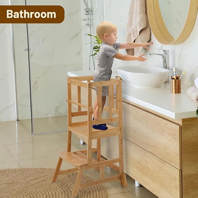 COSYLAND Toddler Standing Tower - Adjustable Height Toddler Kitchen Stool Helper - Kids Kitchen Step Stool for Learning with Removable Safety Railing Natural