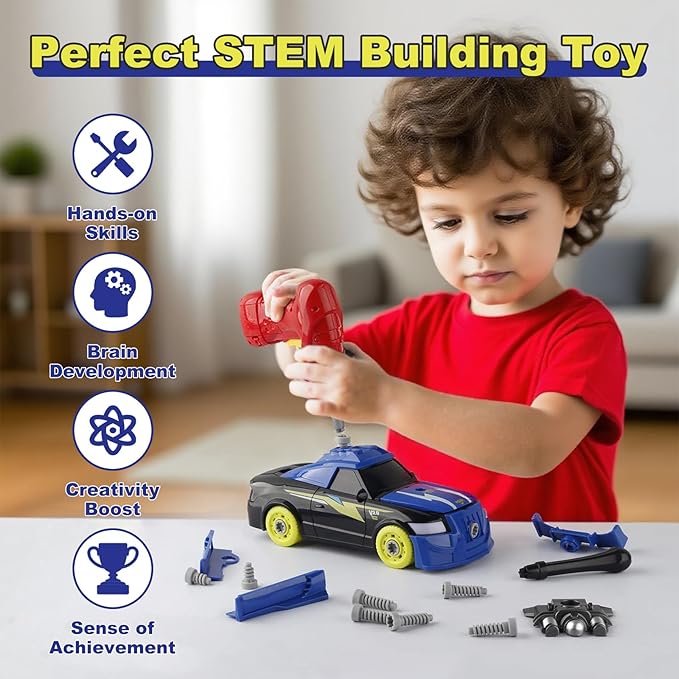 Take Apart Toy Racing Car for Kids Age 3+ Year Old, 2 in 1 Build Your Own Car with Realistic Sounds & Lights, Construction Vehicle Toys with Electric Drill, Ideal Gitfs for Boys(4 Spare Screws)
