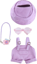 17cm Doll Clothes 4-Piece Dolls Accessories with Purple Overalls, Fisherman Hat, Glasses & Pendant Outfit for Plush Dolls – Accessories Only, No Doll Included