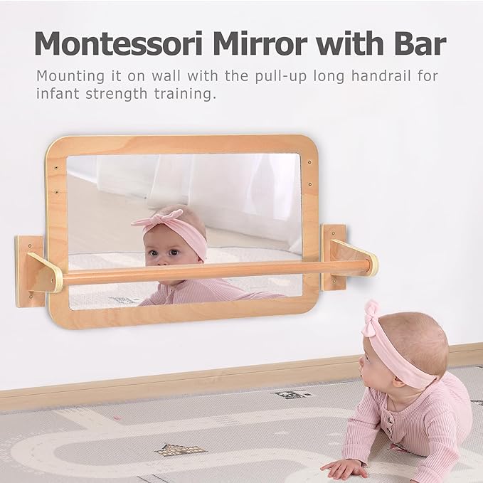 Montessori Baby 2-in-1 Shatterproof Safety Mirror with Pull-Up Bar - Infant Wall Mount & Floor Play for Tummy Time (6-18 Months)