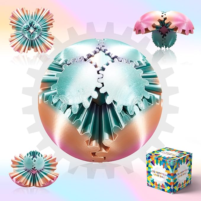 Gear Ball-3D Printed Gear Sphere,3D Printed Spin Ball Cube Fidget Toy,The Steampunk Whirling Wonder Fidget Ball Toy (Candy Rainbow)