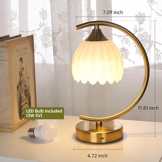 Cordless Table Lamp with 5200mAh Battery & Touch Control - 3 Adjustable Color Temperatures Bulb, Rechargeable Small Table Lamps for Living Room, Bedroom, Office Desk, Nightstand (White Tulip)