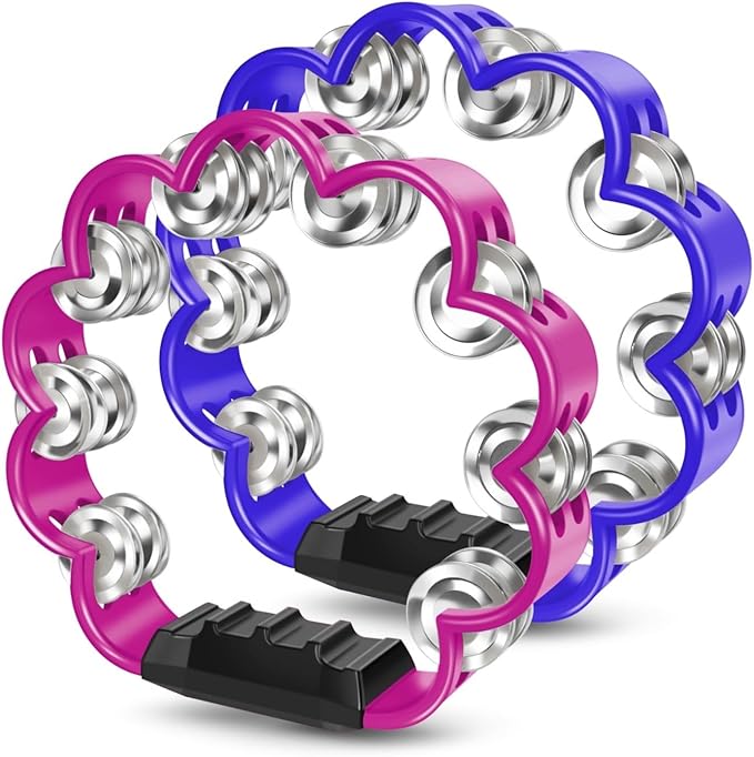 Flexzion Flower Tambourine - 8 Inch Handheld Percussion Instrument w/Metal Jingles & Ergonomic Grip - Small Tambourines for Adults, Kids, Church, Parties, & Musical Events (2 Pack - Blue & Pink)