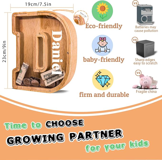 Wooden Letter Piggy Bank for Kids Larger Letter Piggy Bank for Boys and Girls Personalized Piggy Bank Initial Coin Bank Wood Kids Money Bank for Birthday and Festival