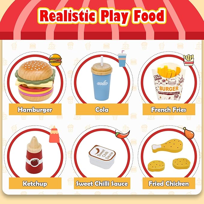 Wooden Play Fast Food Set Play Kitchen Accessories, Pretend Play Food Hamburger French Fries Toy, Restaurant Play Set Role Play Toys for Toddlers,Educational Birthday Gifts for Boys Girls
