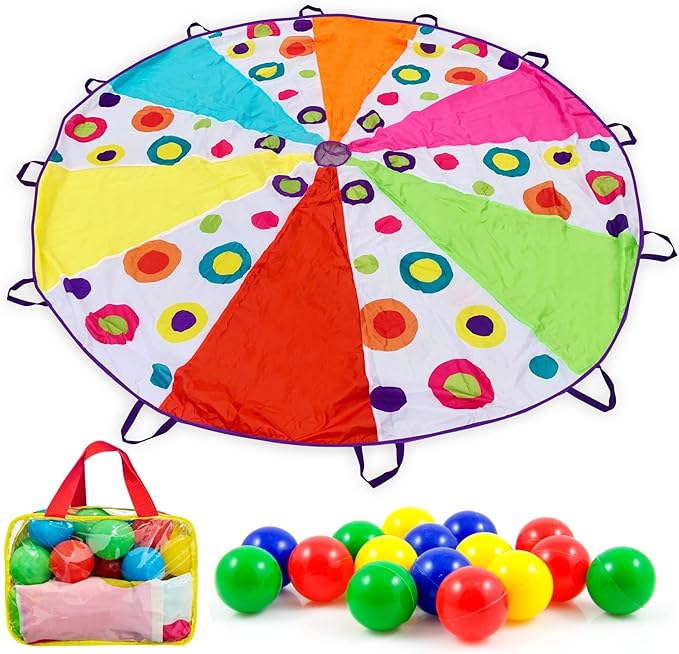 Parachute for Kids with Handles – Rainbow Multi-Colored with 16 Balls in Carry Bag, Parachute Toy for Ages 3+Toddlers, to Seniors (10ft – 12 Handles)