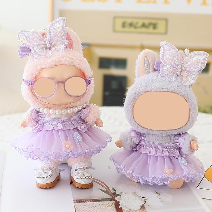 Clothes for Labubu Doll,Clothes for Dolls Accessories,Butterfly Tulle Skirt Purple 5 Pieces Outfit Set Suitable for Labubu 15cm 17cm Doll,Adorable Dress-Up Accessories for Labubu Doll