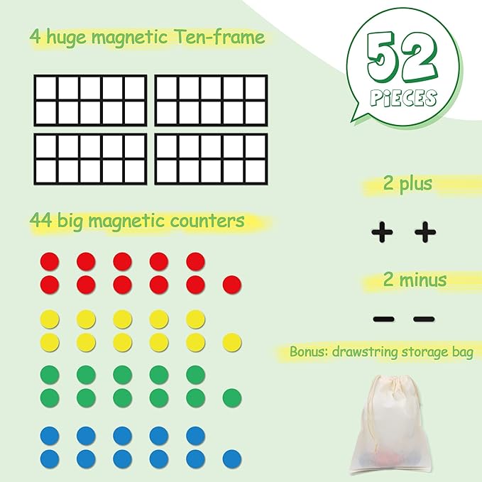 Big Magnetic Ten Frame Set, Opret 52 Pieces Math Manipulatives for Elementary, Kindergarten Classroom Must Haves Math Games with Storage Bag, Ages 5+, 4 Frames, 44 Counters, 2 Plus and 2 Minus