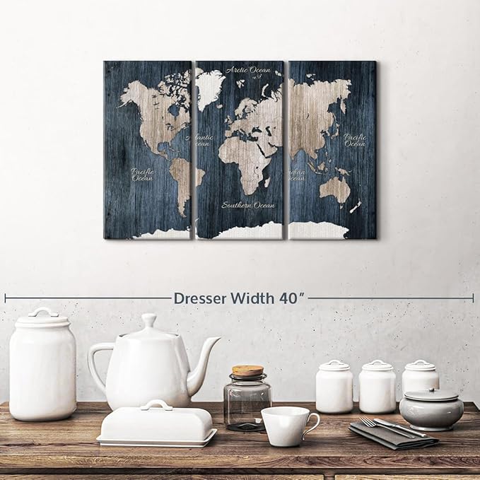 ElephantStock Aged Blue World Map I Canvas - 3 Panel Wall Decor - World Map Digital Art - Blue Wall Art - 23" X 14"